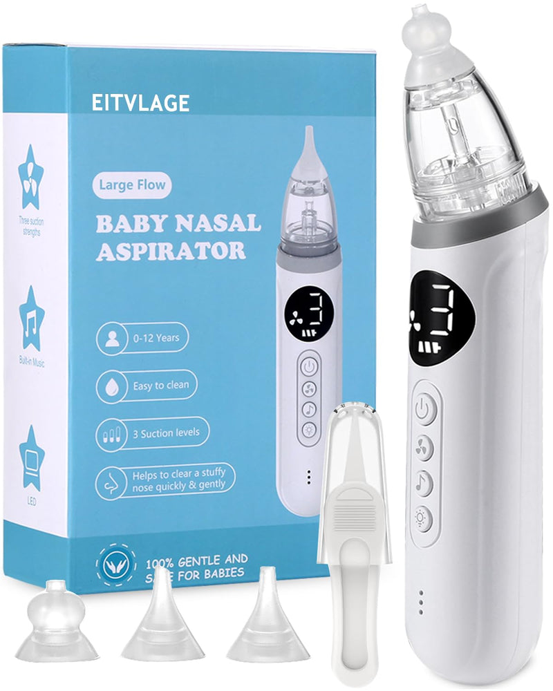 Nasal Aspirator for Baby, Electric Nose Aspirator for Toddler, Baby Nose Sucker, Automatic Nose Cleaner with 3 Silicone Tips, Adjustable Suctions, Music and Light Soothing Function