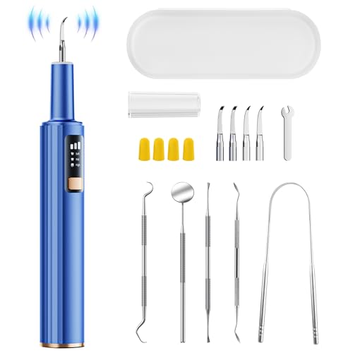 Plaque Remover for Teeth - 42kHz Ultrasonic Tartar Remover with Smart Gum Safety Sensor, 10-Piece Kit (4 Heads + 6 Dentist Tools), LED Light, USB-C Rechargeable, IPX6 Waterproof for Home & Travel Blue