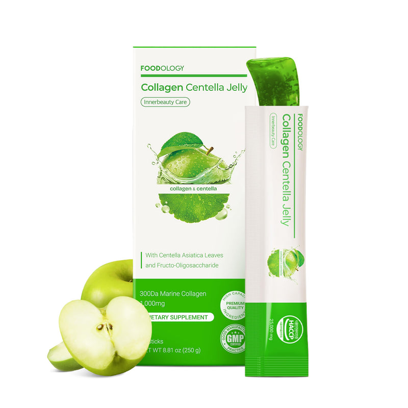 FOODOLOGY Coleology Centella Jelly Collagen Petide, Gree Apple, 10 Sticks | PDRN, Biotin & Hyaluronic Acid, Vitamin for Skin Glow, Hair & Nail Support, Korean Jelly Collagen Sticks Green Apple 10 Count (Pack of 1)