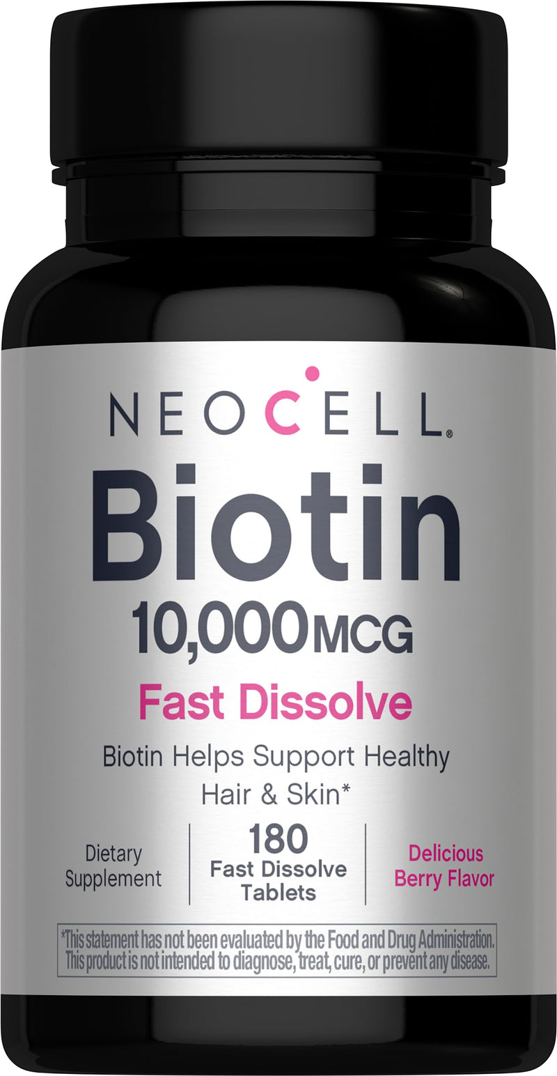 NeoCell Biotin 10000mcg Fast Dissolve Tablets | 180 Count | For Women and Men | Berry Flavor Supplement | Hair, Skin, and Nails