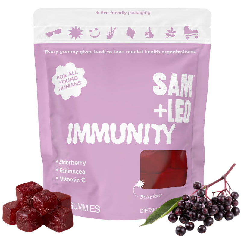 SAM+LEO Immunity Gummies for Kids & Teens, Elderberry & Zinc, Berry, 60ct | Elderberry, Echinacea, Zinc & Vitamin C, vegan, gluten-free antioxidant immune support gummies, berry, ages 4 and up
