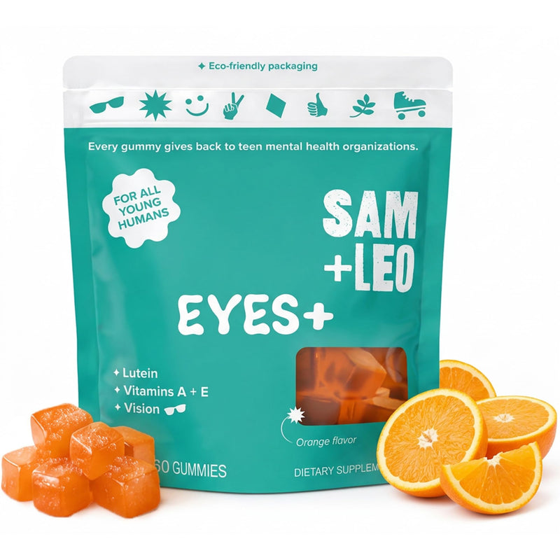 SAM+LEO Eye Gummies, Kids & Teens, Vitamins A, E, & C, Lutein, Orange, 60ct | Lutein, Zeaxanthin plus Vitamins A, C, E & Zinc, vegan, gluten-free vision support gummies, orange flavor, ages 4+ Eyes