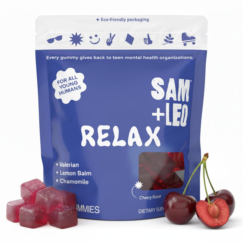 SAM+LEO Relax Gummies for Kids & Teens, Stress Relief, Cherry, 60ct | Valerian, Lemon Balm & Chamomile, vegan, gluten-free calming stress and relaxation gummies, cherry flavor, ages 4+