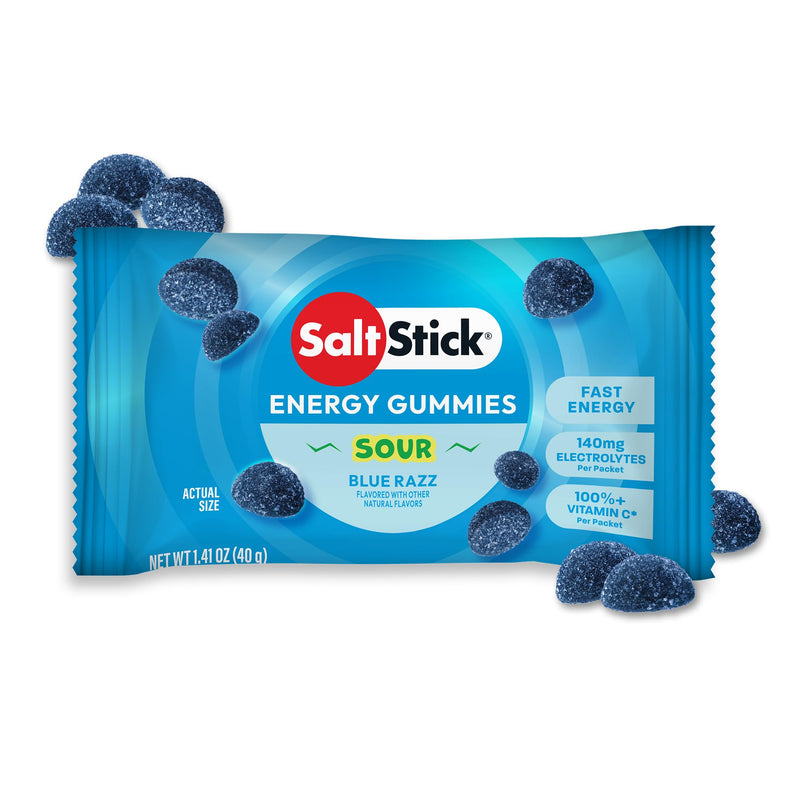 SaltStick Energy Gummies Blue Sour Raz - 10 Packets/20 Servings | Quick carbohydrates and electrolytes in delicious gummies to fuel your workout without sticky gels. Caffeine-free. Sour Blue Razz