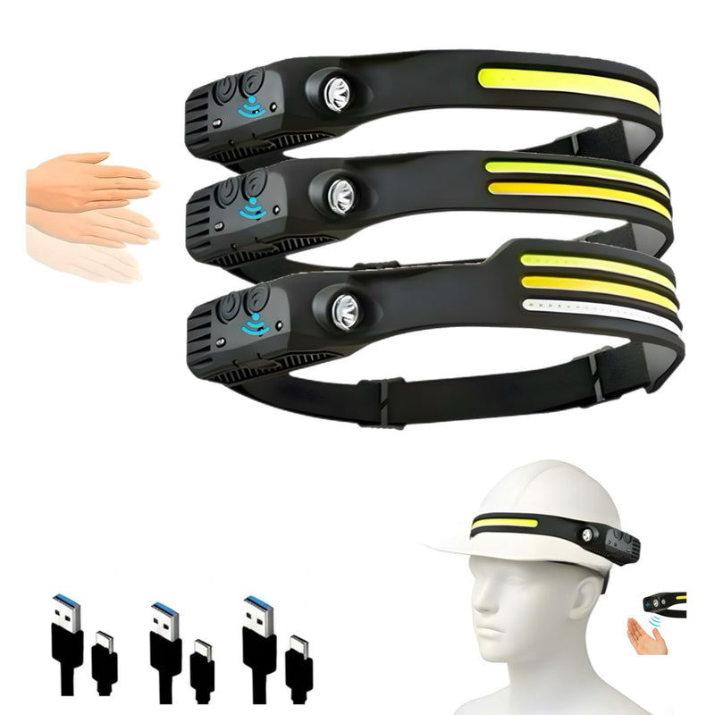3-Pack Rechargeable LED Headlamps – High-Power USB Headlights COB Floodlight & Motion Sensor – Super Bright, Adjustable Beam, Water-Resistant – Ideal for Camping, Work, Fishing, Biking, Running - BeesActive Australia