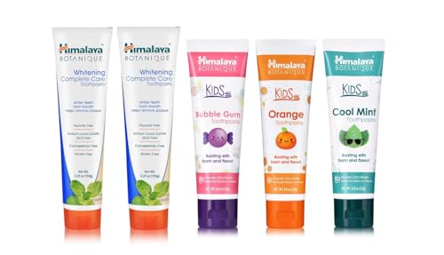 Himalaya Botanique Complete Care Whitening (Peppermint) & Kids Toothpaste Variety Pack, 5.29oz (Pack of 2) & 4oz (Pack of 3)