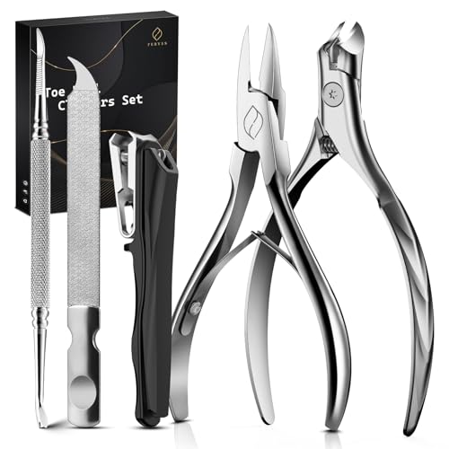 FERYES 5PCS Toenail Clippers Long Handle Clipper for Thick Nails, Straight Blade Clipper for Ingrown Nails, 360° Rotating Jaw Nail Clipper, Cuticle Fork, and Nail File