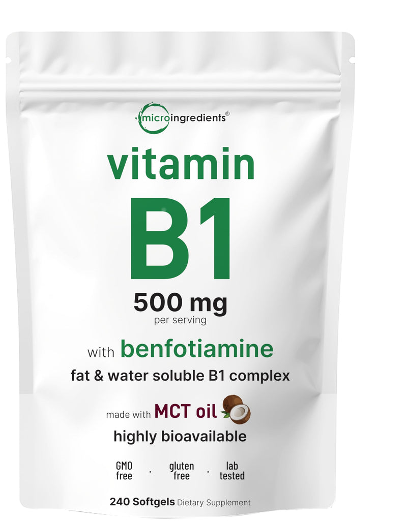 Micro Ingredients Vitamin B1 Thiamine 500mg Per Serving, 240 Softgels | With Benfotiamine | Made with MCT Oil | Fat & Water Soluble Forms of Vitamin B1 | Thiamine Supplement | Non-GMO, Gluten Free