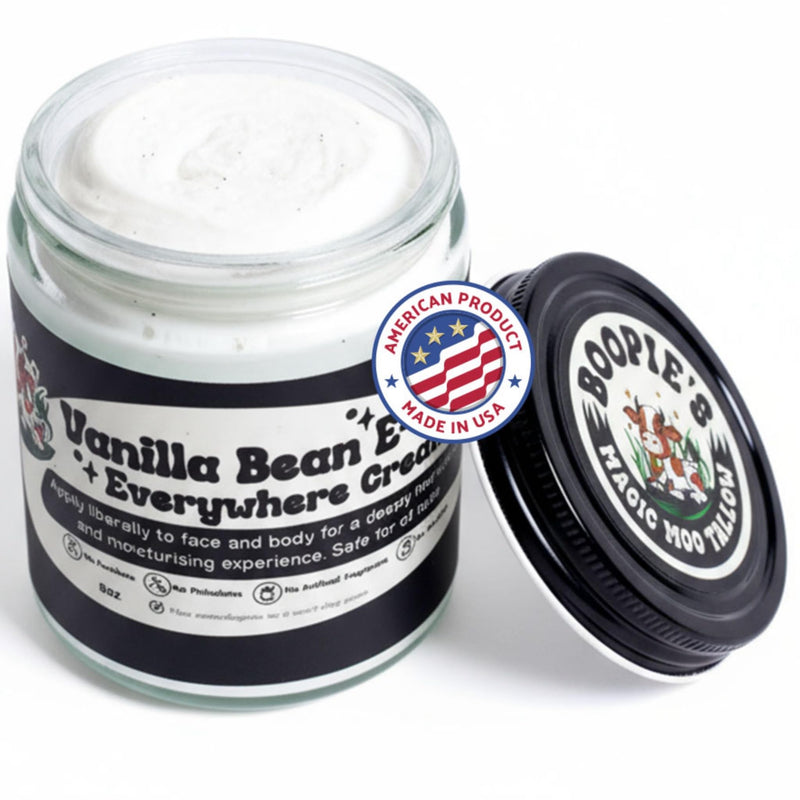 Magic Moo Beef Tallow Vanilla Bean E-Moo Moisturizing Everywhere Suet Tallow Cream with Organic Emu Oil. For Acne, Stretch Marks, Eczema, Hydration, Dry Skin & More! 2oz 2 Ounce (Pack of 1) - BeesActive Australia