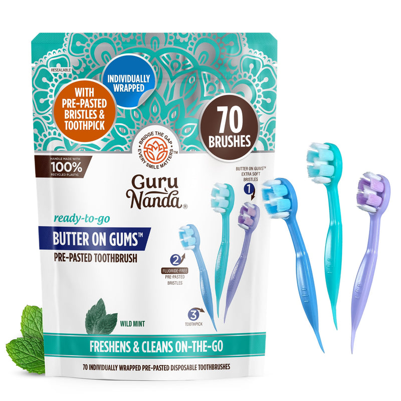 GuruNanda Ready-to-Go Disposable Mini Travel Toothbrushes - Butter on Gums Softex Bristles, Pre-Pasted Toothbrush & Toothpick - Fluoride-Free, No Rinsing Needed, 70 Ct 70 Count (Pack of 1) - BeesActive Australia
