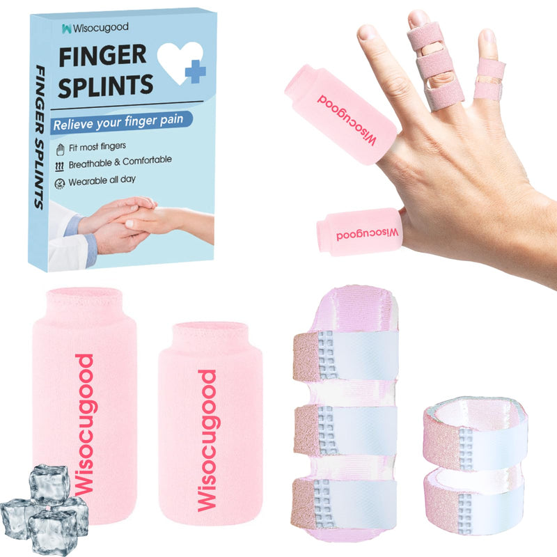 Trigger Finger Splint and Cold Gel Ice Pack Set, Thumb Ice Packs for Pain Relief, Finger Brace for Straightening/Arthritis, Fits Index/Middle/Ring Finger (Pink 2+2 Set) Pink