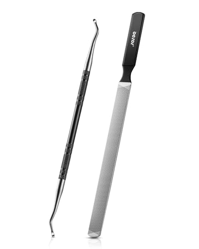 BEZOX Long Metal Nail File, Stainless Steel Fingernail File for Thick and Fungal Nails with Dual-Ended Toenail Lifter – The Ultimate Manicure & Pedicure Tool for Men and Women’s Nail Care - Black 80/100 Grit 2.0