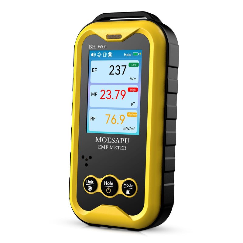 EMF Meter, 3-in-1 Electromagnetic Radiation Detector for EF MF RF Field, Electric Magnetic Radio Frequency Monitor, Portable Rechargeable Battery Reader for Microwave Ghost Hunting, BH-W01 Yellow - BeesActive Australia