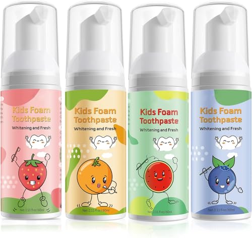Foam Toothpaste Kids, Kids Mouthwash with Fruit Flavor - Toddler Toothpaste Age for Children, 360ºCare Natural Anti-Cavity Formulas with Fluoride for U-Shape Toothbrushes 4 Flavors Toothpaste