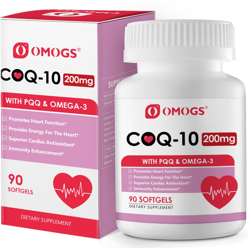 OMOGS CoQ10 200mg Softgels, Coenzyme Q10 High Absorption Supplements Support Heart Health, Cardiovascular Health, Immune System & Cellular Energy Production, Gluten Free, 90 Softgels 90 Count (Pack of 1)