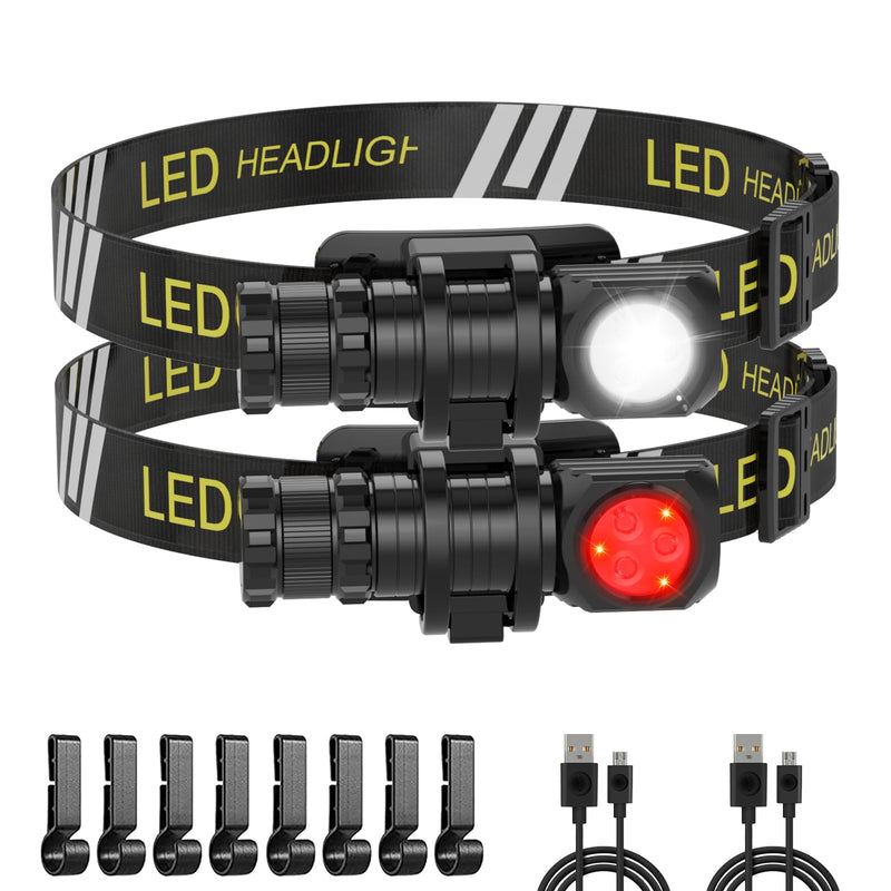 LED Rechargeable Headlamp for Adults - Hard Hat Light Running Head Lamp with Red Light, Magnet, 180° Tilt, 7 Modes, Detachable Flashlight & Headband, Outdoor, Emergency Use 2PC Black 2 Pack