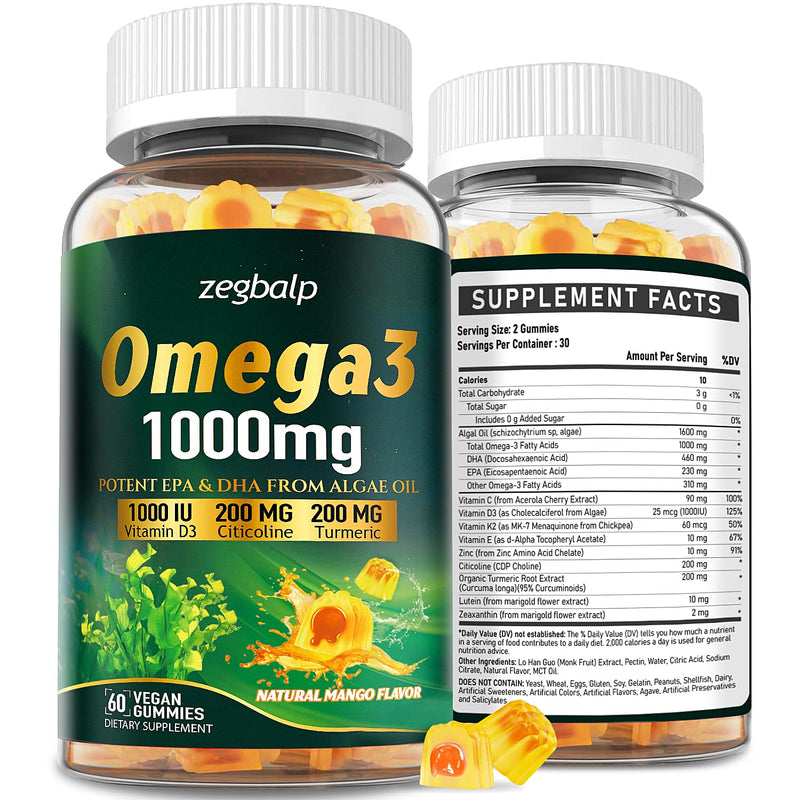 Omega-3 Supplement Gummies for Women & Men - 1000mg Vegan Omega3 | DHA & EPA with Turmeric, Vitamin D3, K2, Citicoline - Algae Oil Omega 3 Fatty Acid Supplements, Sugar-Free, Gluten Free Mango 60 Count (Pack of 2)