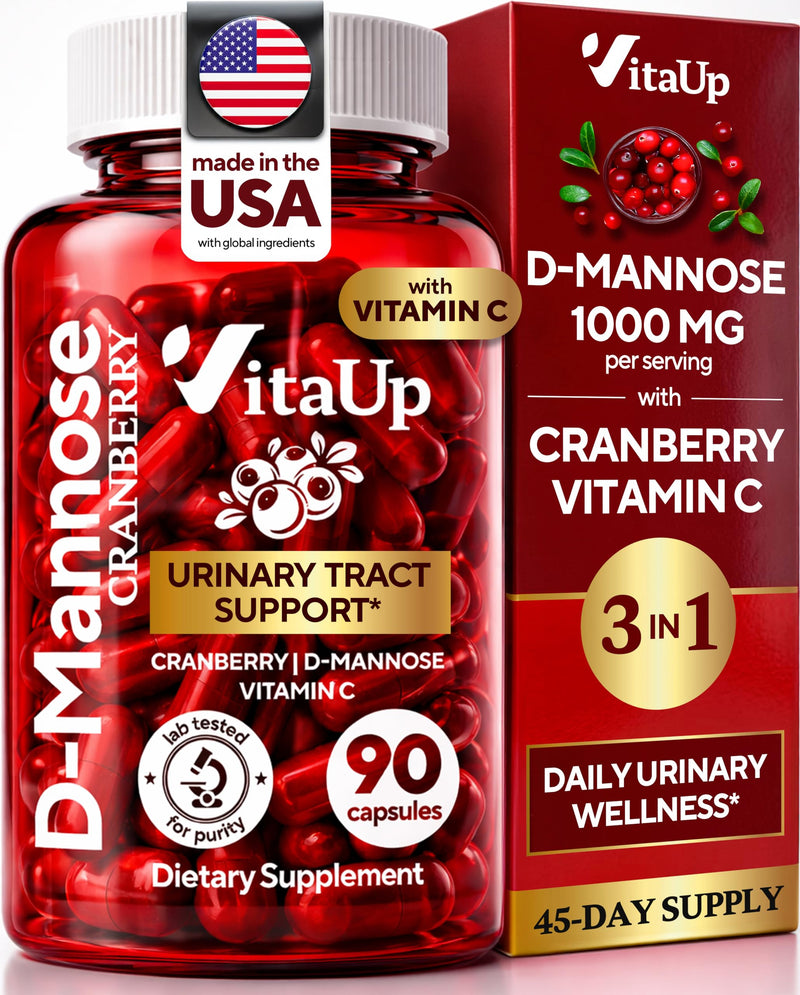 VitaUp D-Mannose Supplements for Women – USA Made D-Mannose with Cranberry & Vitamin C – Cranberry Pills for Women for Urinary Tract & Bladder, Immune Support – 90 Vegan Capsules 90 Count (Pack of 1)