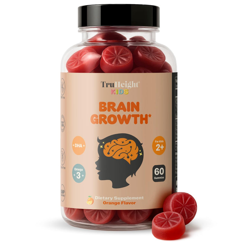 TruHeight Kids Brain Growth Gummies (Orange, Ages 2+) All Natural Kids & Teens Vitamins - Omega 3 Gummies Supports Brain Growth, Mental Clarity, Focus, Eye Health, Memory Supplements, DHA Multivitamin 60 Count (Pack of 3)