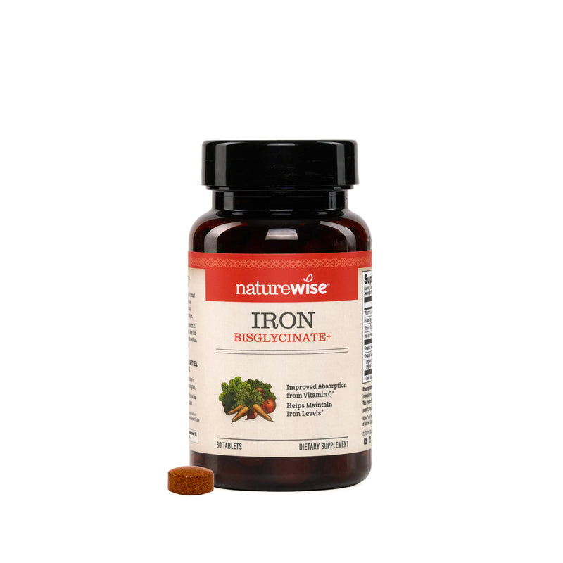NatureWise Vegan Iron Supplement for Women & Men - Gentle on Stomach High Absorption - Coated Iron Bisglycinate Tablets + Vitamin C, Methyl B12, Folate & Organic Food Blend - 30 Tablets[30-Day Supply] Unflavored 30 Count (Pack of 1)