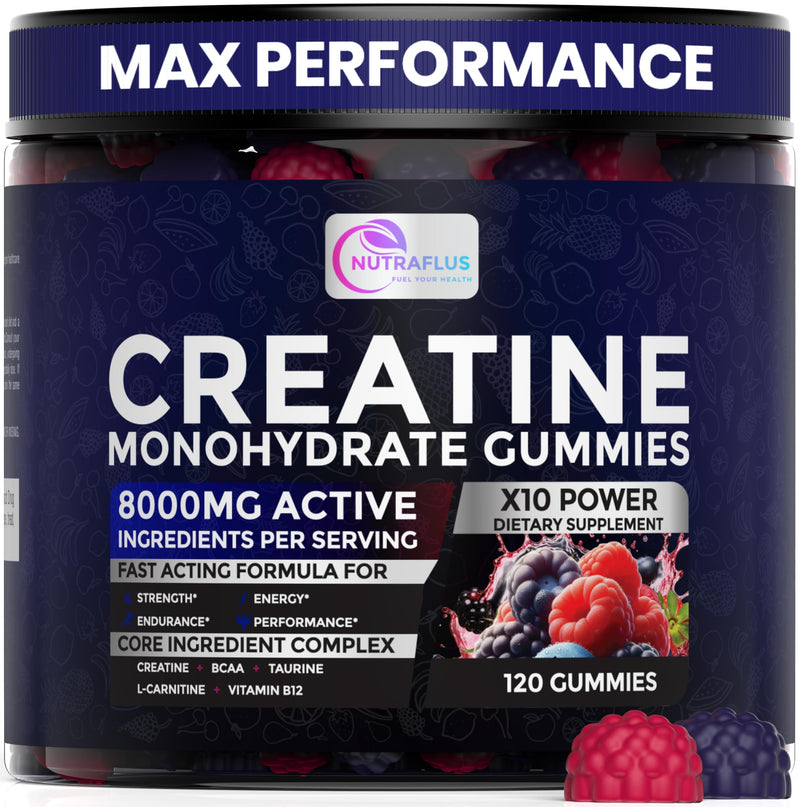 Creatine Monohydrate Gummies 8000mg, Vegan, Berry Flavor, 120 Count | Creatine Monohydrate Gummies for Men & Women, Creatine Gummies with BCAA, Taurine, L-Carnitine & Vitamin B12 – Made in USA