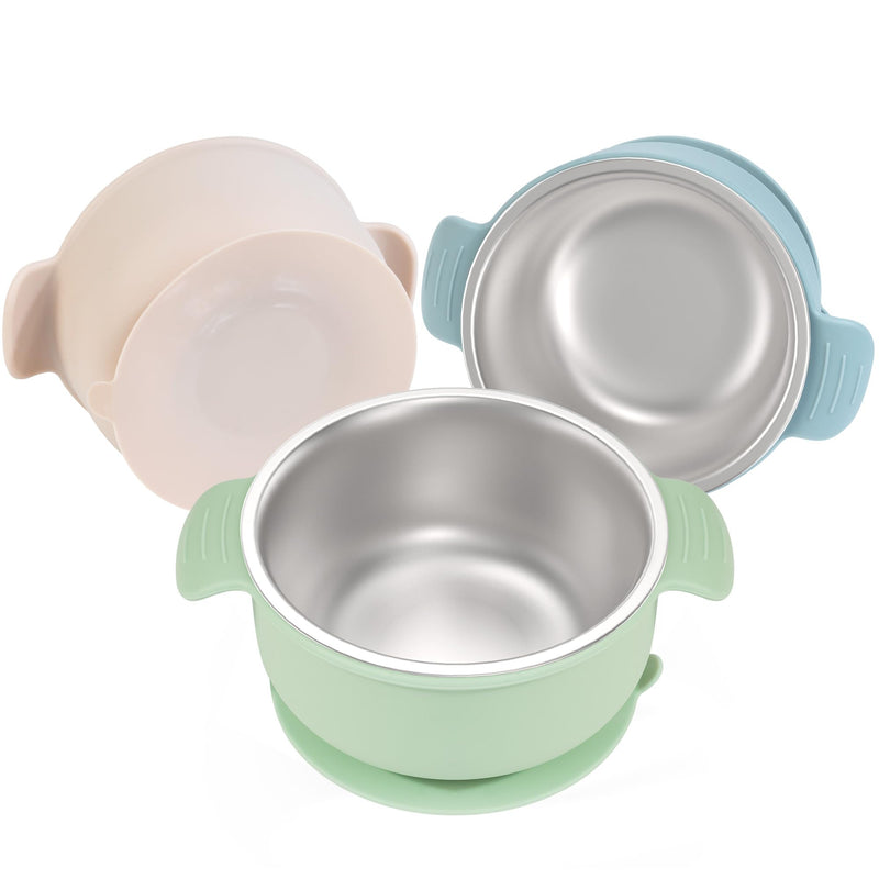 Bella's Friends Stainless Steel and Silicone Baby Bowls with Suction 3 Pack, 4.3‚Äù for Toddlers Kids Feeding, Non-Slip, Non-Toxic, Mess-Free, Dishwasher Safe, Fit High Chair Size, beige green blue