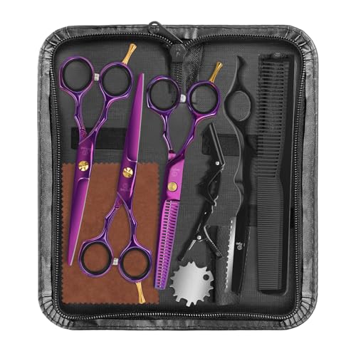 ETHTXE 9Pcs Professional Hair Scissors Set, Stainless Steel Barber Supplies 3-scissors set Purple