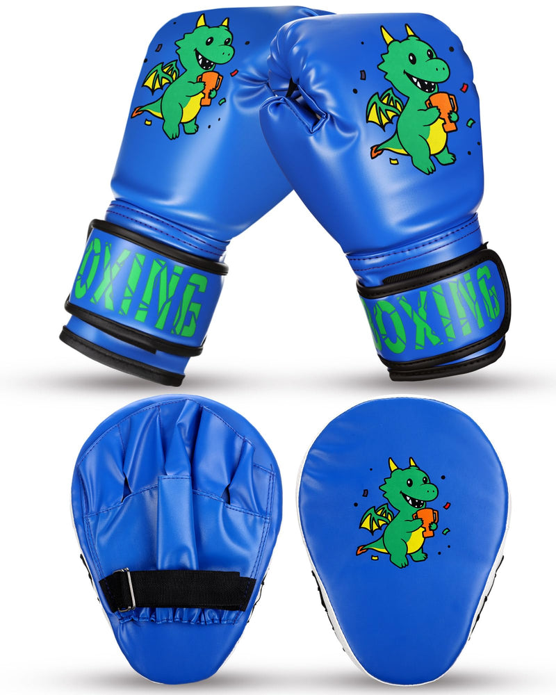 Boxing Gloves and Punching Mitts Set 4oz Gloves Boxing Pads Kids Youth Sparring Gear Training Equipment for Taekwondo Kick Karate Muay Thai MMA Martial Art Blue Dragon
