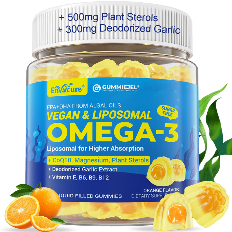 Omega-3 Gummies + CoQ10+ Magnesium- EPA 600mg & DHA 400mg, Fish Oil Omega 3 Supplements Alternative for Women Men Adults - from Vegan Algae Oil- Liposomal Form - with Plant Sterols, Garlic, Sugar Free 60 Count (Pack of 1)