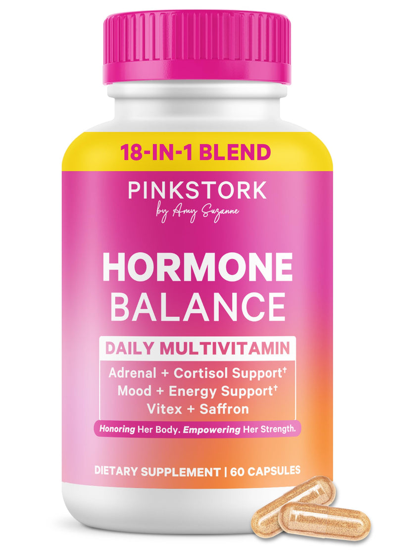 Pink Stork Hormone Balance Multivitamin for Women, 60 Vegan Capsules | 18-in-1 Vitex, Saffron, Ashwagandha, Magnesium | Mood, Energy, Cortisol, Adrenal Support | PMS, Perimenopause Support