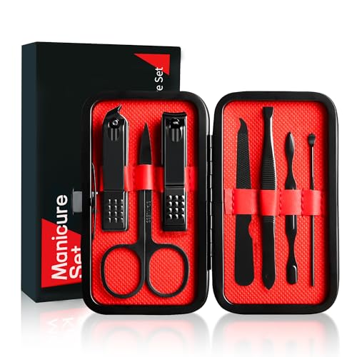 Manicure Set Gift for Men Women, Easter Basket Stuffers for Teen Boys Girls, 7 in 1 Finger and Toe Nail Clippers Kit, Personal Care Tools Accessories Pedicure Kits with Travel Case Nail Grooming Kit Black