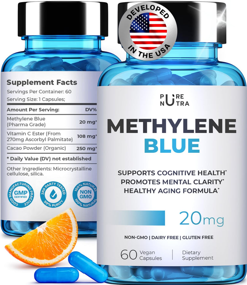 Ultimate Methylene Blue Pharmaceutical Grade 20mg (USP) Methylene Blue Capsules for Humans | Memory Supplement and Brain Booster Supplement | Focus Fuel and Memory Vitamins Energy Pills | 60 Servings 1