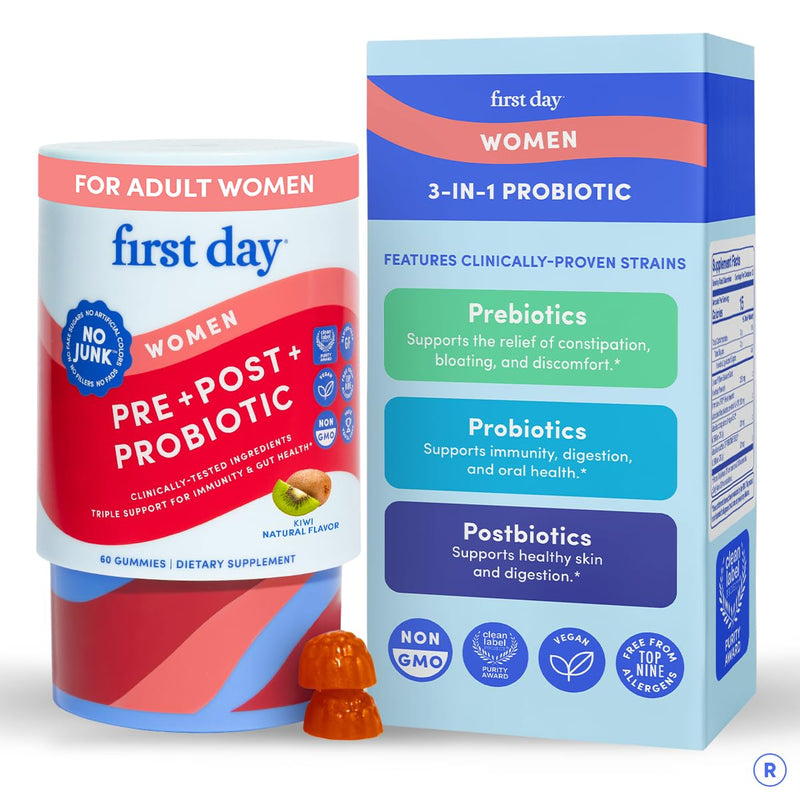 FIRST DAY Probiotic Gummies for Women, 3-in-1 Prebiotic + Postbiotic, 60ct | Vegan women probiotic gummies with kiwi and 4B CFU; 3-in-1 blend for digestive, oral and vaginal health, 30-day supply. 60 gummies - Bottle