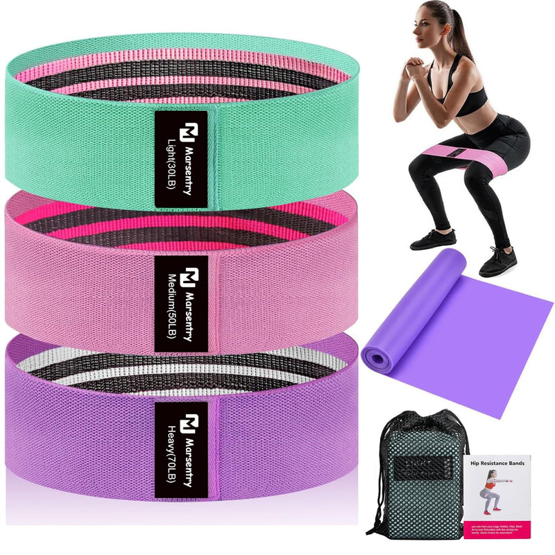 Hip Resistance Bands Set with Exercise Band, 3 Levels, Carry Bag and Guide, Multi-Colour Green+Pink+Purple