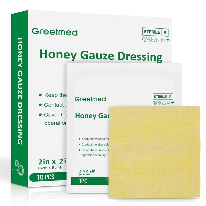 Greetmed Honey Gauze Dressing 2'' x 2'' Sterile Honey Wound Dressing, Medical Grade Manuka Honey Patches for Faster Wound Care | Burns | Traumatic Wounds and Laceration (Individually Pack of 10) 2“ x 2”(10 Packs)