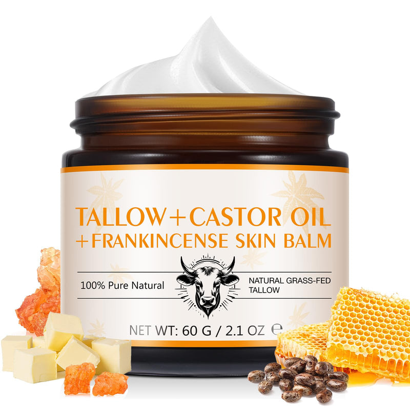 Frankincense Oil Massage Balm for Muscle/Joint Soothing/Relief, with 100% Grass-Fed Beef Tallow & Castor Oil Moisturizer for Face/Foot Hydrating, Anti-Aging, Lifting/Firming, 100% Natural,2.1 Oz/60 G 2.1 Ounce (Pack of 1)