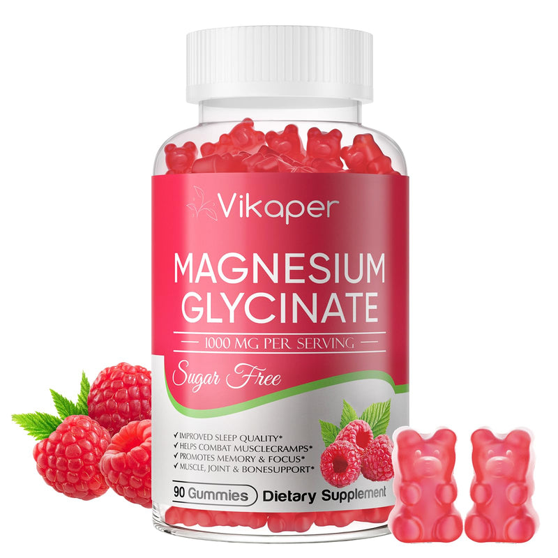 Magnesium Glycinate Gummies 1000mg Complex, Sugar Free Magnesium Supplement with Magnesium L-Threonate, Calcium, Potassium, Vitamin D3, B6 & CoQ10, Gelatin Free Raspberry Gummies for Adults, 90 Count 90 Count (Pack of 1)