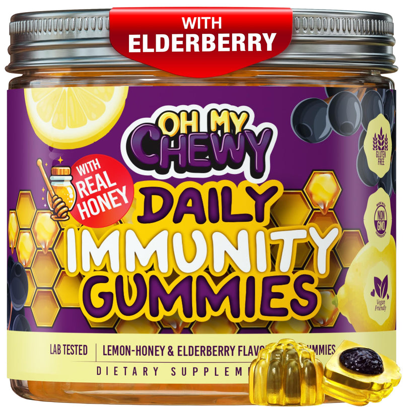 OH MY CHEWY Elderberry Gummies Immunity Support for Kids & Teens | Real Honey and Lemon, Vitamin C, Echinacea, Zinc