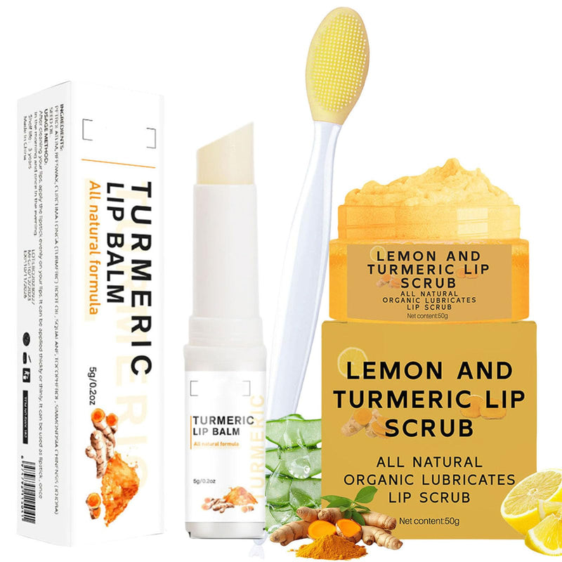 Turmeric Lemon Lip Scrub and Turmeric Lip Balm for Dark Lips to Lighten with Brush Set, 3PCS Lips Scrubber Exfoliator & Blam, Natural Exfoliator & Moisturizer for Dry, Chapped, Reduce Fine Lines - BeesActive Australia