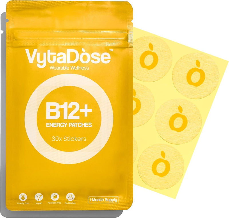 Vytadose Topical B12 Energy Patches | For Mood, Energy & Cognition | Natural Caffeine Patches | Skin-Friendly, Water-Resistant | 30 Count
