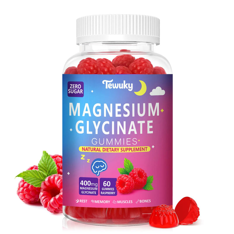 Magnesium Glycinate Gummies 400mg - Sugar Free Vegan Gummies for Adults & Kids with Vitamin D3, B6, C, CoQ10, Collagen, Zinc - Sleep, Muscle, Bone & Memory Support - 60 Raspberry Chewables 60 Count (Pack of 1)