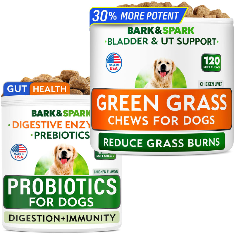 Green Grass Dog Chews + Dog Probiotics Bundle - Pee Grass Spot Saver Caused by Dog Urine - Digestive Enzymes & Gas, Diarrhea, Constipation Relief Supplement - Made in USA