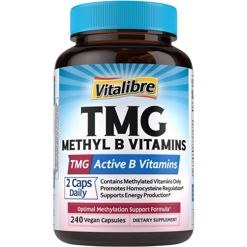 Vitalibre TMG Supplements, Methyl B Complex, 5-MTHF Folate, B12 Methylcobalamin, TMG Trimethylglycine, Methylfolate, 240 Vegan Caps 240 Count (Pack of 1)
