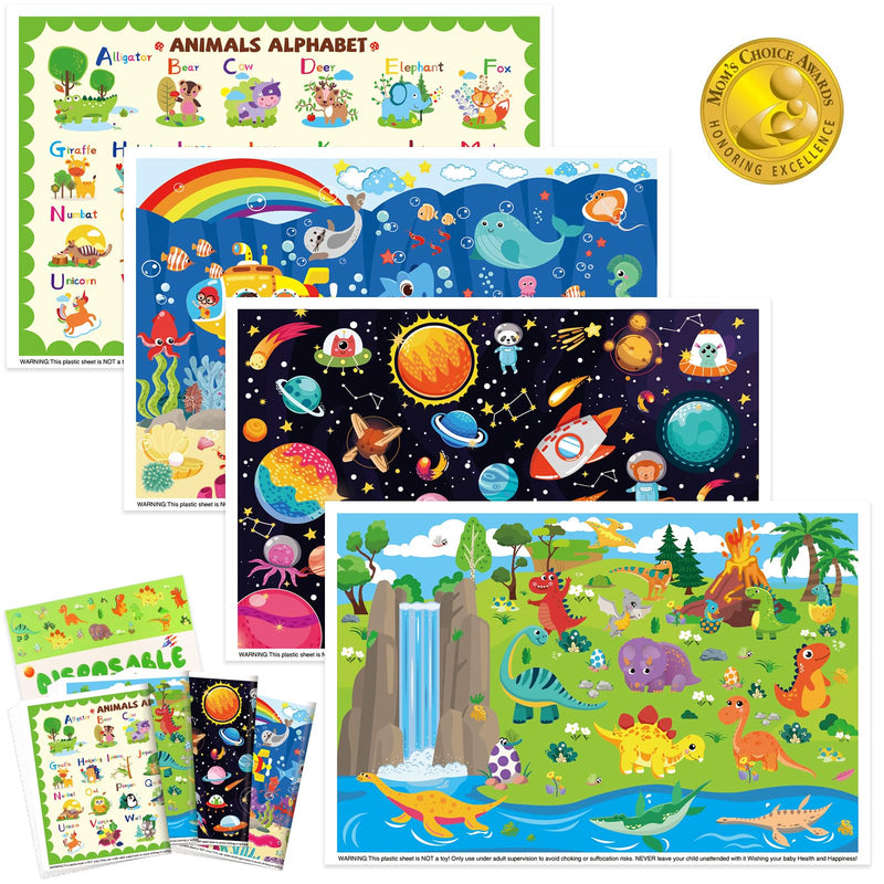 Sticky Disposable Placemats 40Pack: 12" x 18" Adhesive Table Mats for Baby,Plastic Travel Placemats for Restaurant High Chair Eating(Animal Space Ocean Dinosaur Theme) 12x18 Inch (Pack of 40)