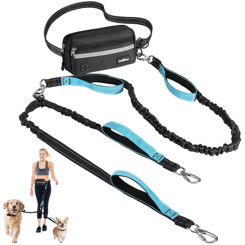 VavoPaw Hands Free Dog Leash for 2 Dogs with Pouch, Waist Leash for Dog Walking, Jogging, Hiking, Retractable Leashes with Dual Padded Handles, Adjustable Reflective Belt for Small, Medium, Large Dogs Black/Blue 2 Leashes - BeesActive Australia