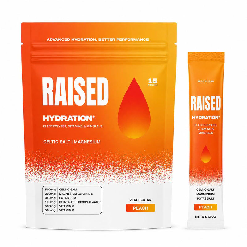 Raised Hydration+ No Sugar Electrolyte Powder Packets - 200mg Magnesium Glycinate, 500mg Sodium Celtic Sea Salt, 350mg Potassium | 500mg Vitamin C, 2000 IU Vitamin D | No Sucralose |15 Sticks, Peach