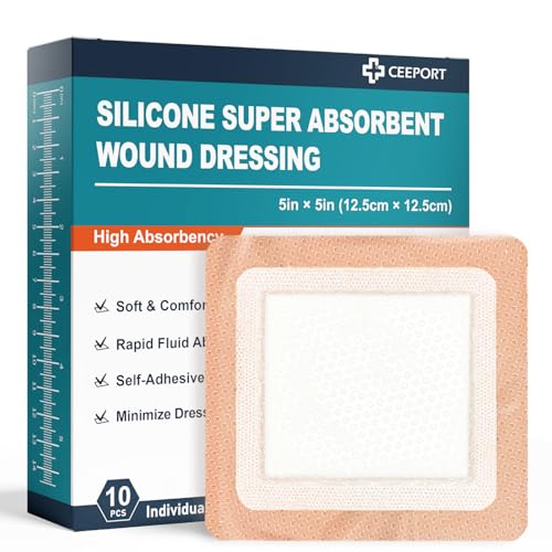 Ceeport Silicone Super Absorbent Wound Dressing 5" x 5", 10 Individual Pack 5" x 5"