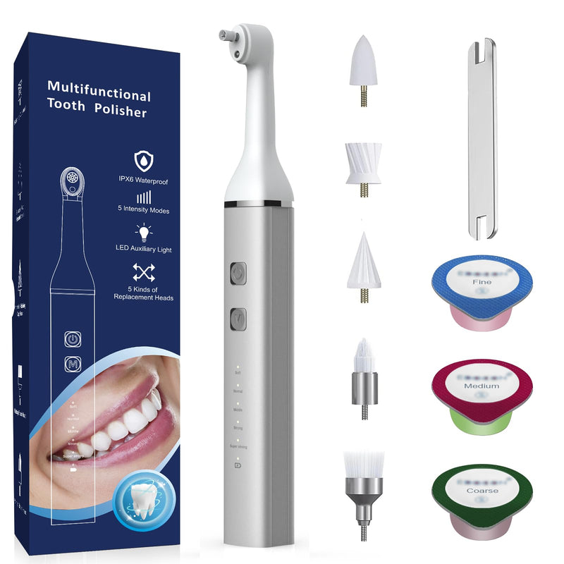 Tooth Polisher and Plaque Remover, Teeth Cleaning Tools for Cleaning and Polishing of Tooth, Dental Cleaning Tools for Brighten and Polish Teeth with 5 Brush Heads, 4 Speed Modes and 3 Polish Pastes Silver-white