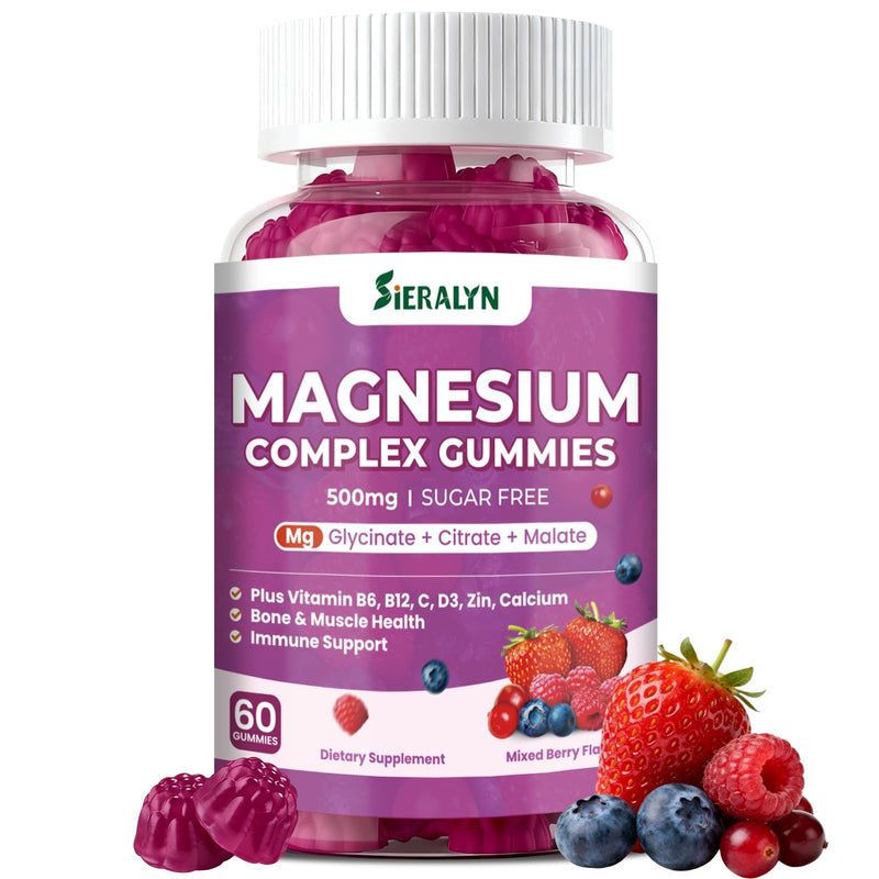 Magnesium Complex Gummies 500MG - 3-in-1 Advanced Magnesium Supplement | Vitamin D3, C, B6, B12, Zinc & Calcium - Sugar Free Magnesium Gummies for Calm, Muscle, Mood, for Women & Men, Vegan 60 Count 60 Count (Pack of 1)