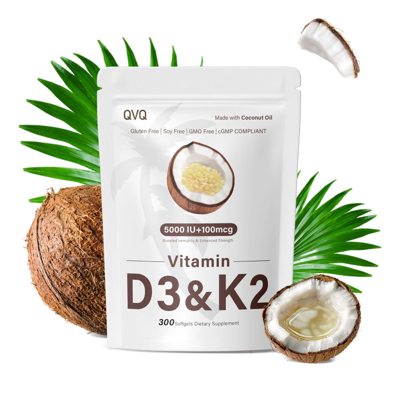 300 Pcs Vitamin D3 K2 5000 IU + 100mcg, Coconut Oil, Gluten-Free, Non-GMO, Soy Free 5000 IU Coconut Oil 300 Softgels